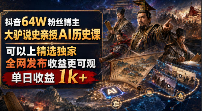 抖音64W粉丝博主大驴说史亲授AI历史课，可以上精选独家，全网发布收益更可观，单日收益1k+（更新）-西蒙学社