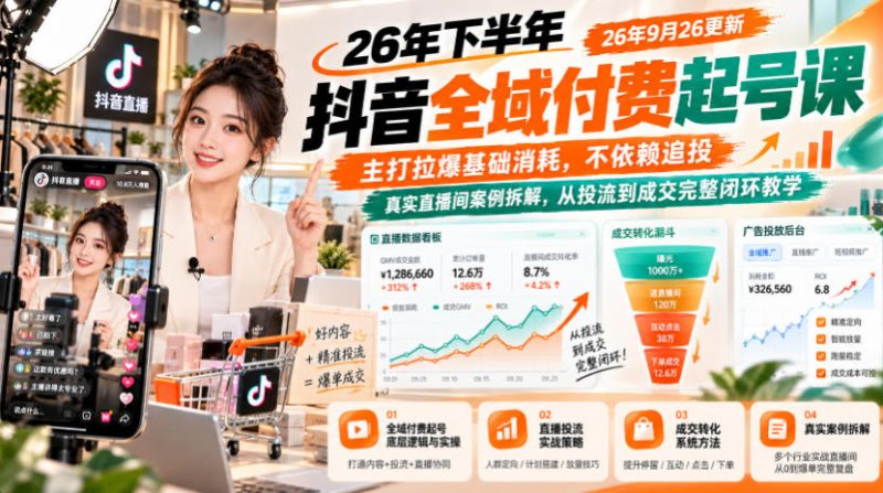 26年下半年抖音全域付费起号课26年9月26更新，主打拉爆基础消耗，不依赖追投，真实直播间案例拆解，从投流到成交完整闭环教学-西蒙学社