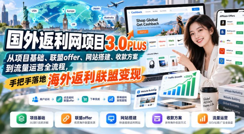 国外返利网项目3.0PLUS，从项目基础、联盟offer、网站搭建、收款方案到流量运营全流程，手把手落地海外返利联盟变现-西蒙学社