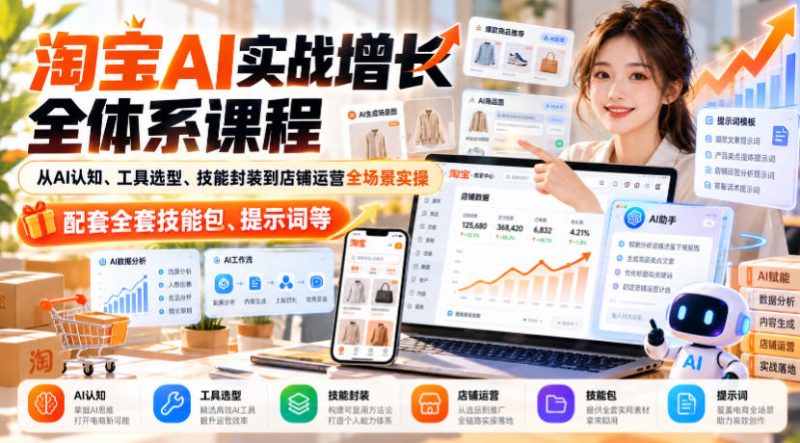 【无水印】淘宝AI实战增长全体系课程,从AI认知、工具选型、技能封装到店铺运营全场景实操,配套全套技能包、提示词等-西蒙学社