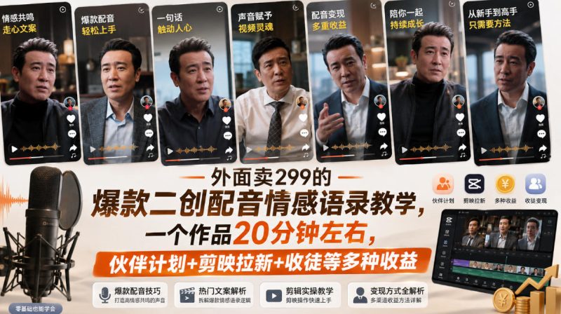 外面卖299的爆款二创配音情感语录教学,一个作品20分钟左右,伙伴计划+剪映拉新+收徒等多种收益-西蒙学社