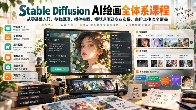 【无水印】Stable Diffusion AI绘画全体系课程,从零基础入门、参数原理、插件控图、模型运用到商业实操、高阶工作流全覆盖-西蒙学社