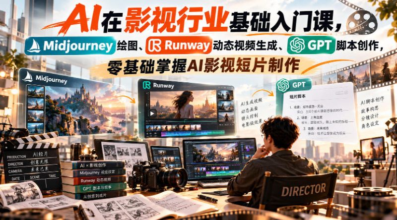 【无水印】AI在影视行业基础入门课,Midjourney绘图、Runway动态视频生成、GPT脚本创作,零基础掌握AI影视短片制作-西蒙学社