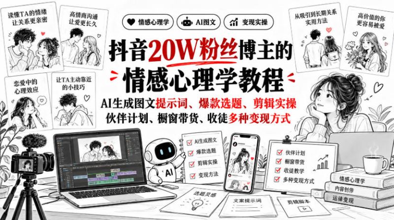 抖音20W粉丝博主静候心声的情感心理学教程,AI生成图文提示词、爆款选题、剪辑实操,伙伴计划、橱窗带货、收徒多种变现方式-西蒙学社