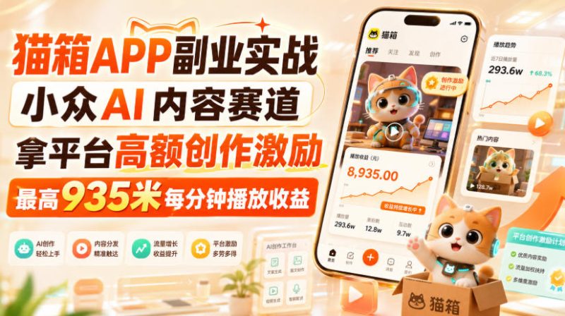 猫箱APP副业实战，小众AI内容赛道，拿平台高额创作激励，最高935米每分钟播放收益-西蒙学社