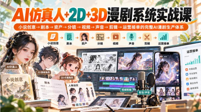 【无水印】AI仿真人+2D+3D漫剧系统实战课，小说创意→剧本→资产→分镜→视频→声音→剪辑→运营接单的完整AI漫剧生产体系-西蒙学社