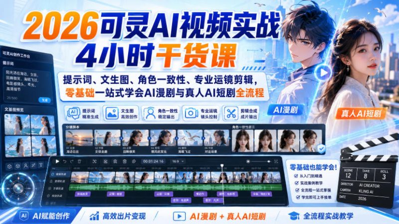 2026可灵AI视频实战4小时干货课｜提示词、文生图、角色一致性、专业运镜剪辑，零基础一站式学会AI漫剧与真人AI短剧全流程-西蒙学社
