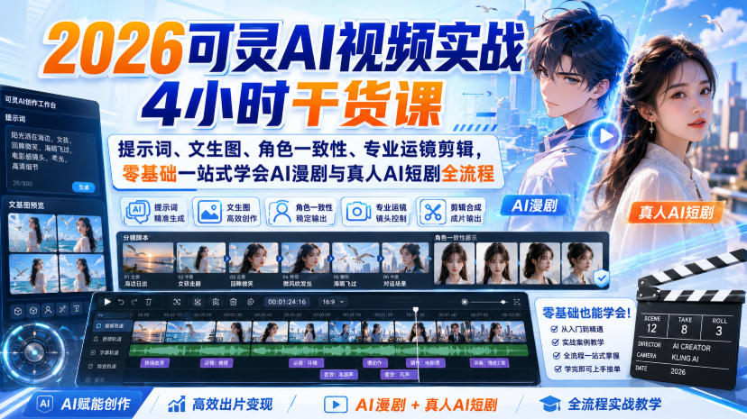 2026可灵AI视频实战4小时干货课｜提示词、文生图、角色一致性、专业运镜剪辑，零基础一站式学会AI漫剧与真人AI短剧全流程-西蒙学社