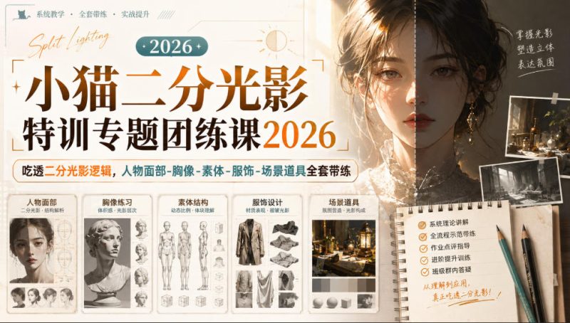 小猫二分光影特训专题团练课2026｜吃透二分光影逻辑，人物面部‑胸像‑素体‑服饰‑场景道具全套带练，高清画质附赠课件与笔刷-西蒙学社
