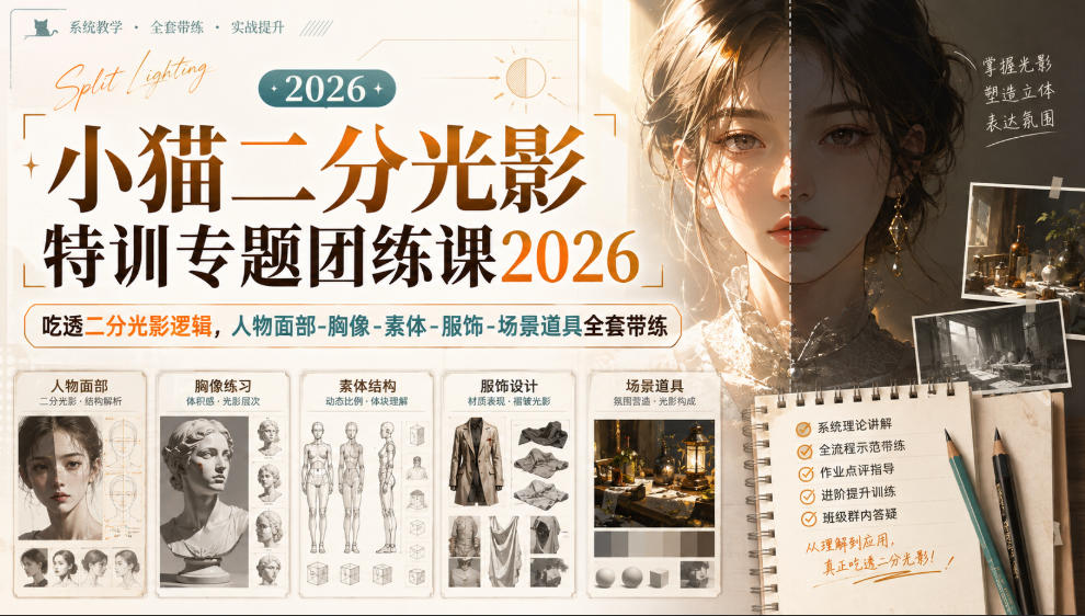 小猫二分光影特训专题团练课2026｜吃透二分光影逻辑，人物面部‑胸像‑素体‑服饰‑场景道具全套带练，高清画质附赠课件与笔刷-西蒙学社