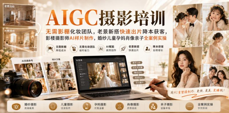 AIGC摄影培训｜无需影棚化妆团队，老景新搭快速出片降本获客，影楼摄影师AI样片制作，婚纱儿童孕妈肖像亲子全案例实操-西蒙学社