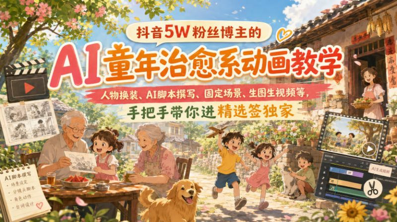 抖音5W粉丝博主的AI童年治愈系动画教学,人物换装、AI脚本撰写、固定场景、生图生视频等,手把手带你进精选签独家-西蒙学社