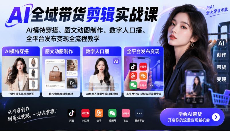 AI全域带货剪辑实战课｜AI模特穿搭、图文动图制作、数字人口播、全平台发布变现全流程教学-西蒙学社