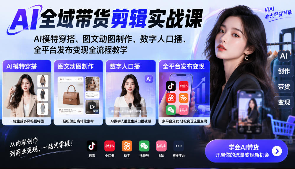 AI全域带货剪辑实战课｜AI模特穿搭、图文动图制作、数字人口播、全平台发布变现全流程教学-西蒙学社