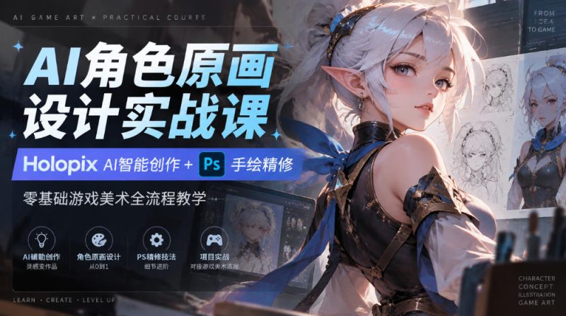 AI角色原画设计实战课|Holopix AI智能创作+PS手绘精修,零基础游戏美术全流程教学-西蒙学社