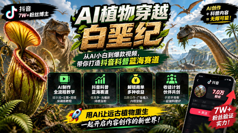抖音7W粉丝博主的AI植物穿越白垩纪教学，抖音科普蓝海赛道，解锁商单收徒伙伴计划等多种收益-西蒙学社