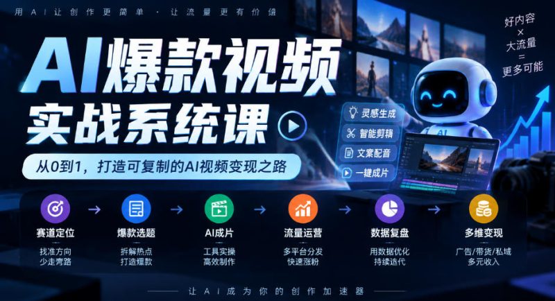 AI爆款视频实战系统课|赛道定位、爆款选题、AI成片、流量运营、数据复盘、多维变现全链路教学-西蒙学社