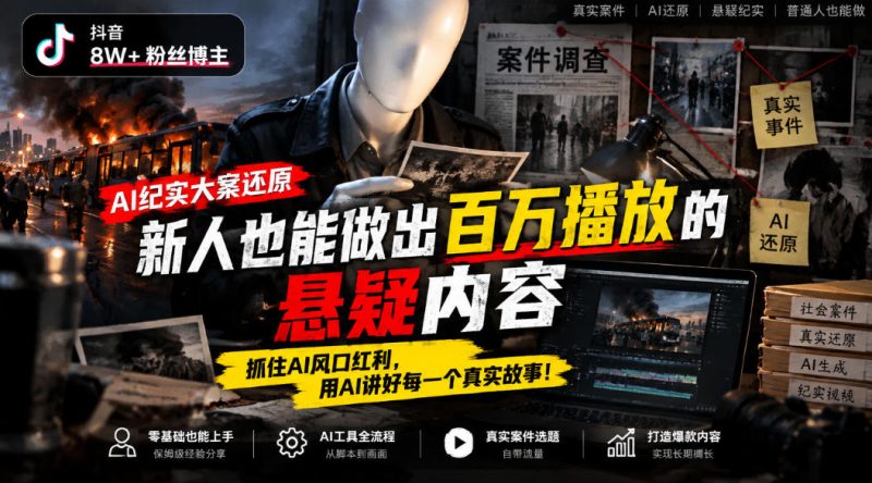 抖音8W粉丝博主的AI纪实大案还原教学,新人也能做出百W播放的悬疑内容,抓住AI风口红利,用AI讲好每一个真实故事-西蒙学社
