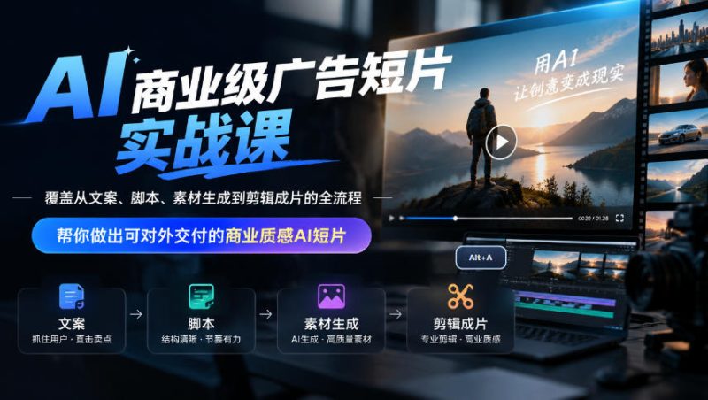 AI商业级广告短片实战课，覆盖从文案、脚本、素材生成到剪辑成片的全流程，帮你做出可对外交付的商业质感AI短片-西蒙学社