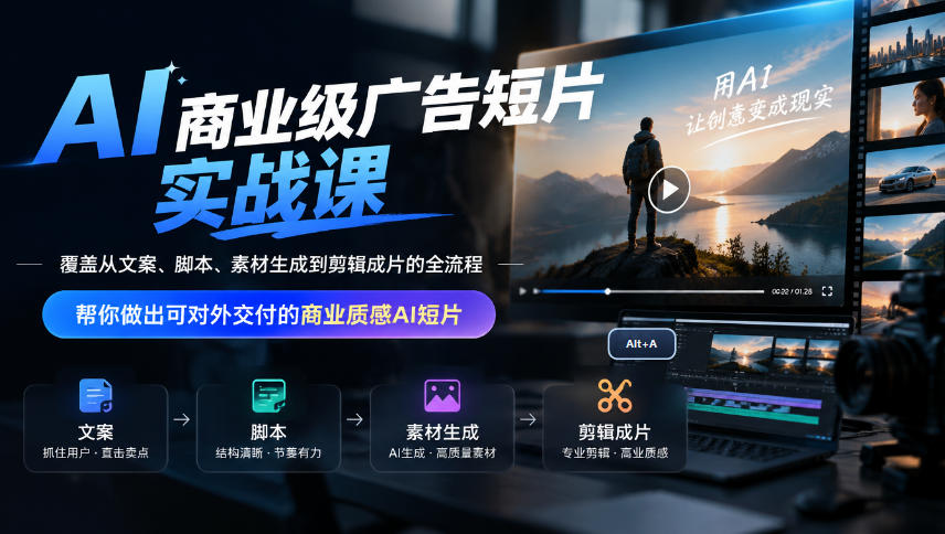 AI商业级广告短片实战课，覆盖从文案、脚本、素材生成到剪辑成片的全流程，帮你做出可对外交付的商业质感AI短片-西蒙学社