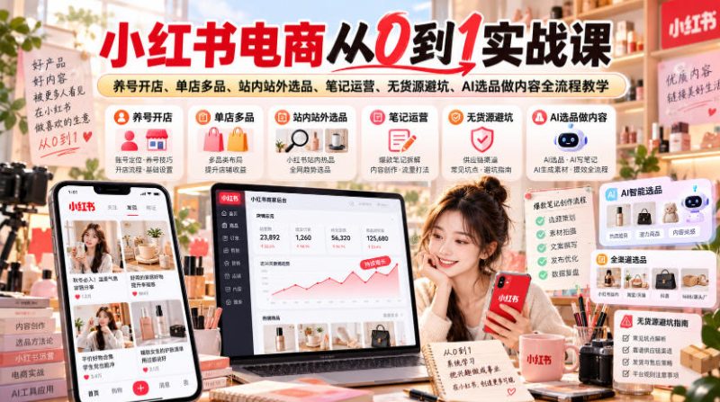 小红书电商从0到1实战课｜养号开店、单店多品、站内站外选品、笔记运营、无货源避坑、AI选品做内容全流程教学-西蒙学社