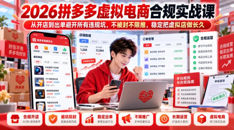 2026拼多多虚拟电商合规实战课，从开店到出单避开所有违规坑，不被封不限推，稳定把虚拟店做长久-西蒙学社