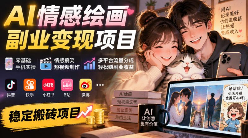 AI情感绘画副业变现项目|零基础手机实操,情感搞笑短视频制作,多平台流量分成轻松賺副业收益-西蒙学社