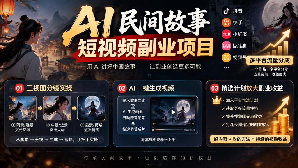 AI民间故事短视频副业项目，多平台流量分成，三视图分镜实操，精选计划放大副业收益-西蒙学社