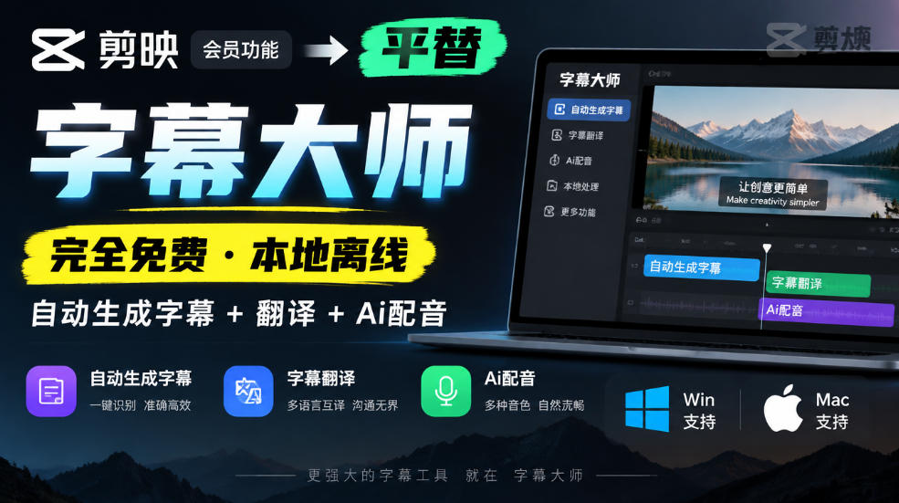 剪映会员功能平替，字幕大师完全免费本地离线，支持自动生成字幕+翻译+Ai配音，Win和Mac都支持！-西蒙学社