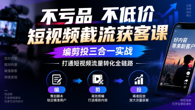 不亏品不低价短视频截流获客课，编剪投三合一实战，打通短视频流量转化全链路-西蒙学社