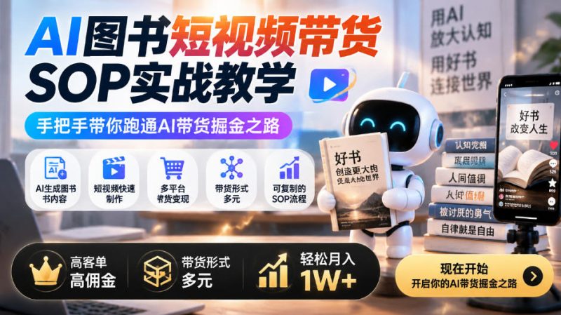 AI图书短视频带货SOP实战教学，手把手带你跑通AI带货掘金之路，高客单高佣金，带货形式多元，轻松月入1W+-西蒙学社