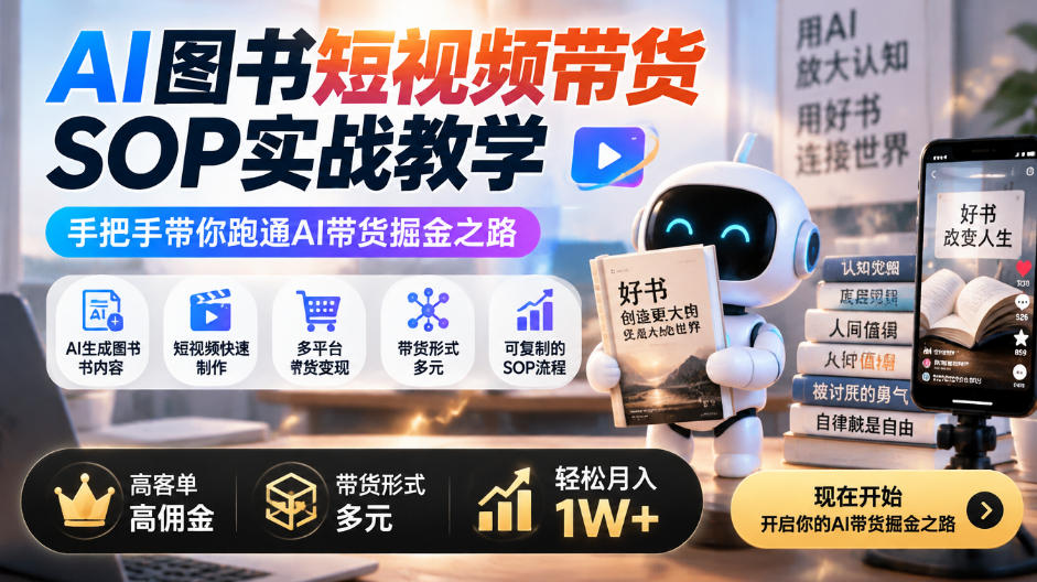 AI图书短视频带货SOP实战教学，手把手带你跑通AI带货掘金之路，高客单高佣金，带货形式多元，轻松月入1W+-西蒙学社