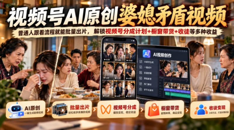 视频号ai原创婆媳矛盾视频，普通人跟着流程就能批量出片，解锁视频号分成计划+橱窗带货+收徒等多种收益-西蒙学社