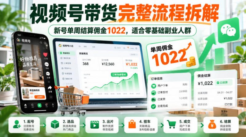 视频号带货完整流程拆解，新号单周结算佣金1022，适合零基础副业人群-西蒙学社