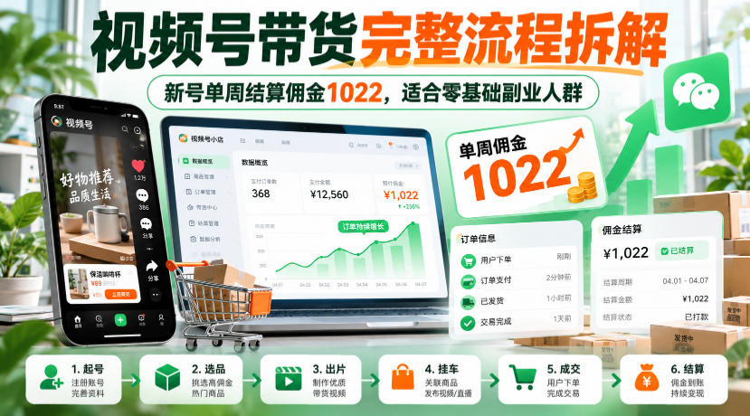 视频号带货完整流程拆解，新号单周结算佣金1022，适合零基础副业人群-西蒙学社