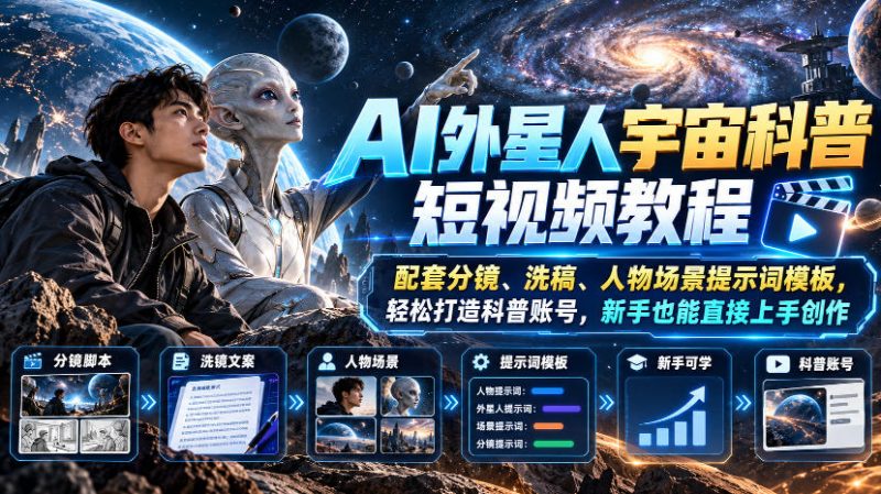 AI外星人宇宙科普短视频教程，配套分镜、洗稿、人物场景提示词模板，轻松打造科普账号，新手也能直接上手创作-西蒙学社