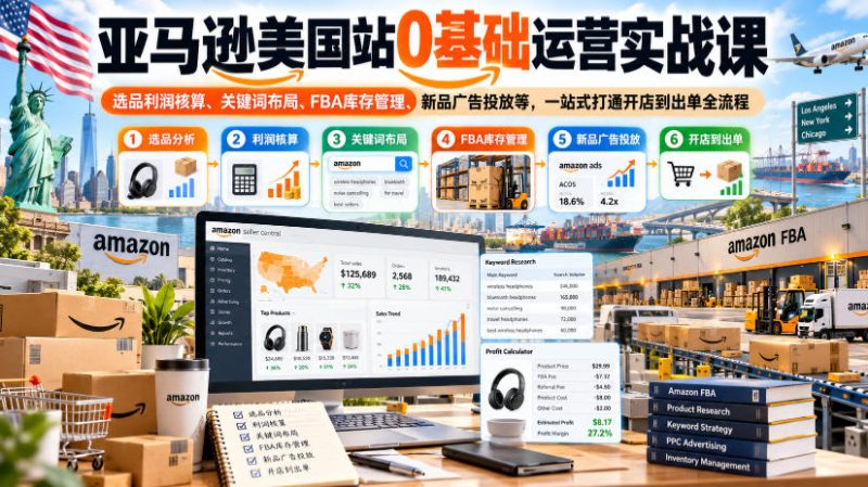 亚马逊美国站0基础运营实战课|选品利润核算、关键词布局、FBA库存管理、新品广告投放等,一站式打通开店到出单全流程-西蒙学社