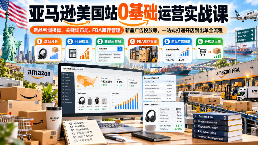 亚马逊美国站0基础运营实战课｜选品利润核算、关键词布局、FBA库存管理、新品广告投放等，一站式打通开店到出单全流程-西蒙学社