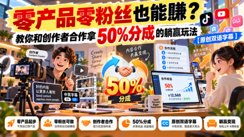 【无水印】零产品零粉丝也能賺？教你和创作者合作拿50%分成的躺赢玩法【原创双语字幕】-西蒙学社