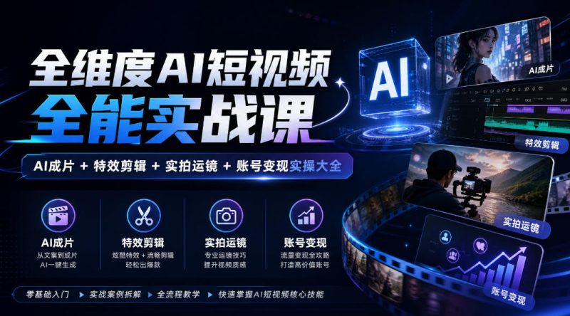 全维度AI短视频全能实战课，AI成片+特效剪辑+实拍运镜+账号变现实操大全-西蒙学社
