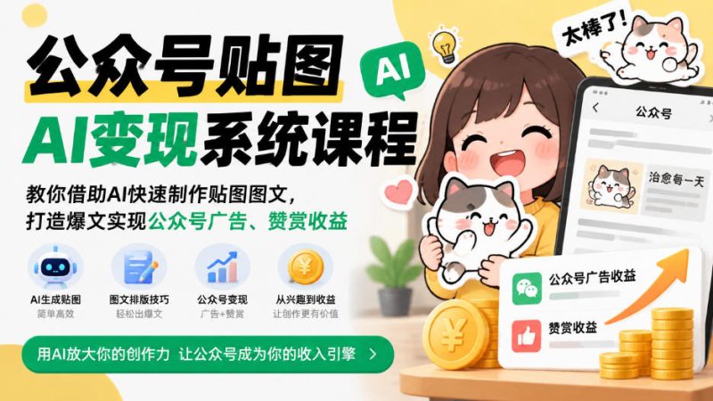 公众号贴图AI变现系统课程|教你借助AI快速制作贴图图文,打造爆文实现公众号广告、赞赏收益-西蒙学社