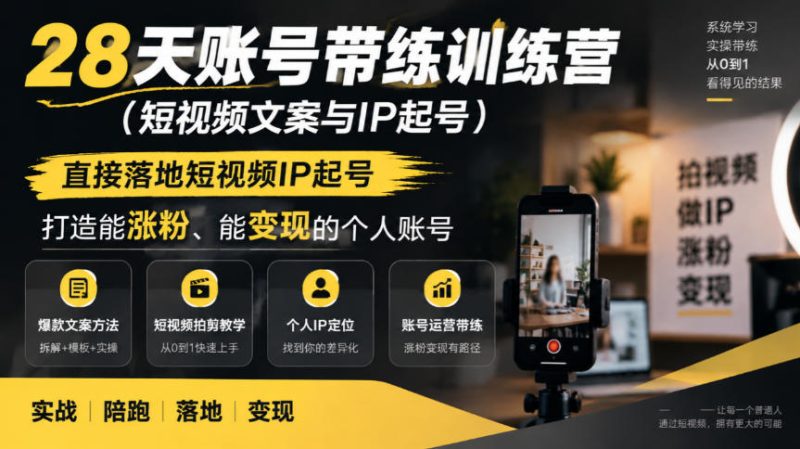 28天账号带练训练营(短视频文案与IP起号),直接落地短视频IP起号,打造能涨粉、能变现的个人账号-西蒙学社