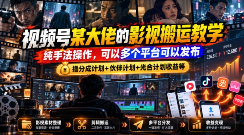 视频号某大佬的影视搬运教学,纯手法操作,可以多个平台可以发布,撸分成计划+伙伴计划+光合计划收益等-西蒙学社