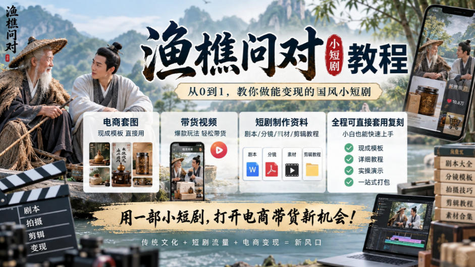 渔樵问对小短剧教程，包含电商套图、带货视频，短剧制作资料，全程可直接套用复刻-西蒙学社