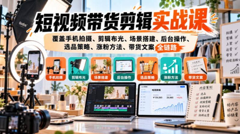 短视频带货剪辑实战课,覆盖手机拍摄、剪辑布光、场景搭建、后台操作、选品策略、涨粉方法、带货文案全链路-西蒙学社