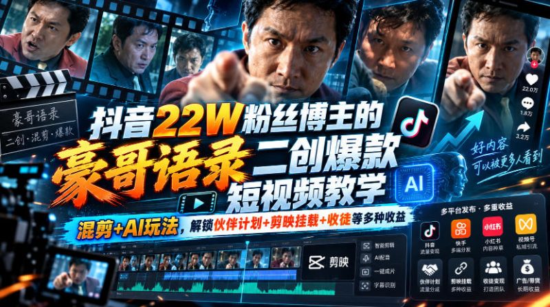 抖音22W粉丝博主的豪哥语录二创爆款短视频教学,混剪+AI玩法,解锁伙伴计划+剪映挂载+收徒等多种收益-西蒙学社