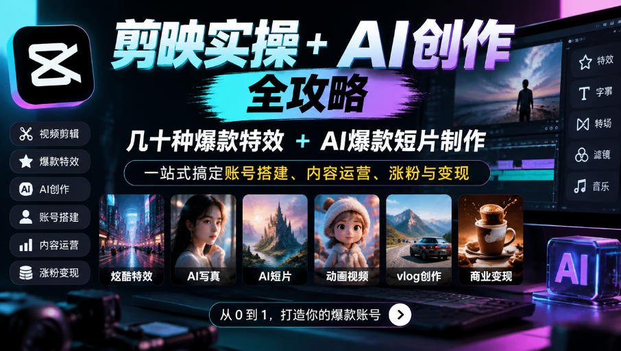 剪映实操+AI创作全攻略｜几十种爆款特效+AI爆款短片制作，一站式搞定账号搭建、内容运营、涨粉与变现-西蒙学社
