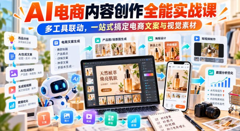 【无水印】AI电商内容创作全能实战课|多工具联动,一站式搞定电商文案与视觉素材-西蒙学社