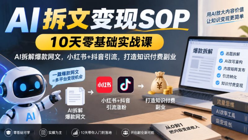 AI拆文变现SOP｜10天零基础实战课，AI拆解爆款网文，小红书+抖音引流，打造知识付费副业-西蒙学社