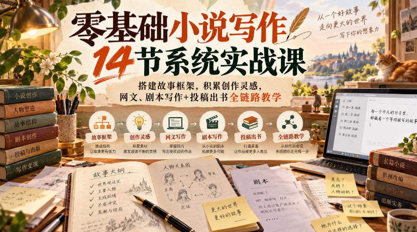 零基础小说写作14节系统实战课，搭建故事框架，积累创作灵感，网文、剧本写作+投稿出书全链路教学-西蒙学社